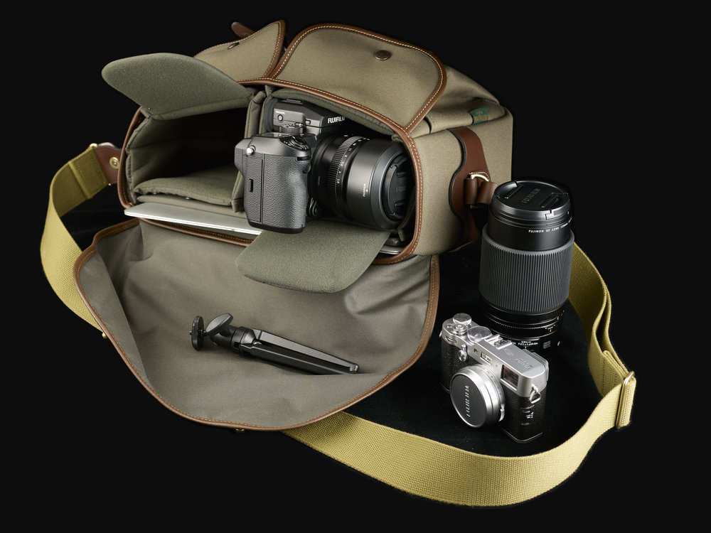 The One fitted with two half-width inserts side by side (one is supplied with the bag). Note the laptop safe in its padded sleeve. The added width of the bag is perfect for cameras with viewfinder bulges such as the Fuji X-T2 as shown here